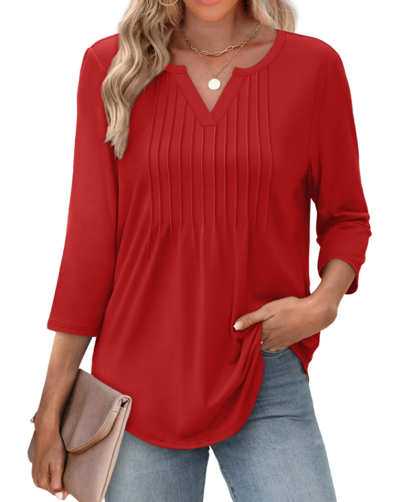 Aubrey Blusa Mujer – Escote en V, Manga 3/4, Pliegues y Tejido Ligero
