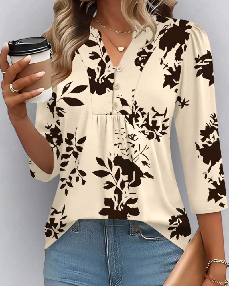 Isla Blusa Boho Mujer – Escote en V, Manga 3/4, Pliegues y Tejido Ligero