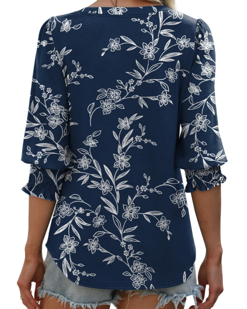 Audrey Blusa Mujer – Escote en V, Manga 3/4, Puños Fruncidos y Tejido Suave