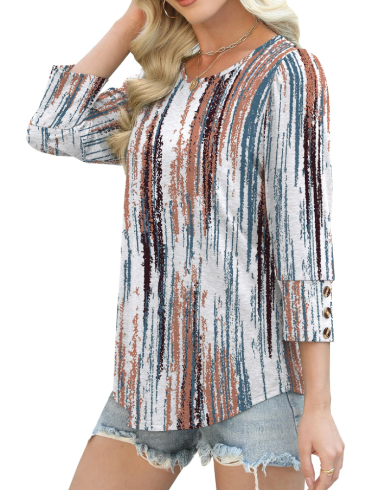 Bella Blusa Mujer – Botones Frontales, Manga 3/4 y Tejido Ligero Suave