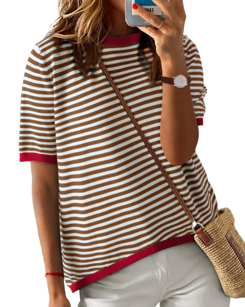 Top Ainsley Punto Rayas Femme – Col Rond, Manches Courtes et Coupe Ample