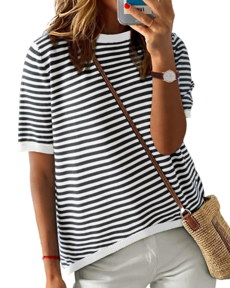 Top Ainsley Punto Rayas Femme – Col Rond, Manches Courtes et Coupe Ample