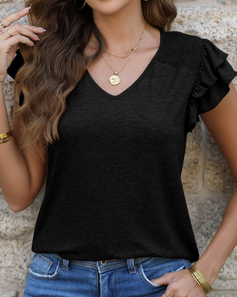Hailey Blusa Mujer – Volantes Elegantes, Manga Corta y Tejido Ligero Cómodo