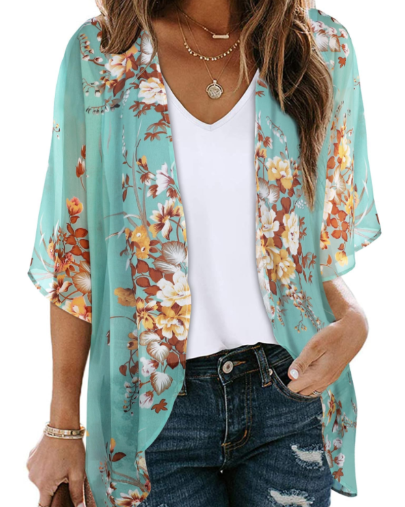 Cardigan Kimono Lauren Boho Donna – Chiffon Floreale, Aperto sul Davanti e Manica 3/4