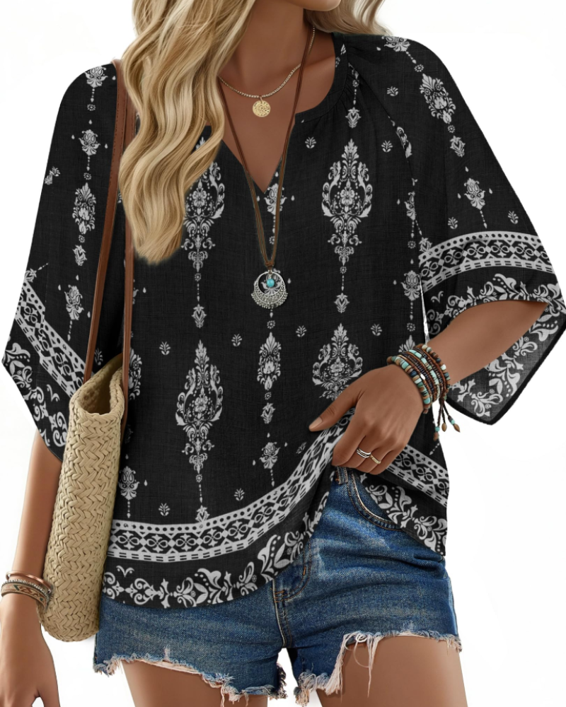 Carmen Blusa Boho Mujer – Cuello V Henley, Manga Acampanada y Estampado Floral