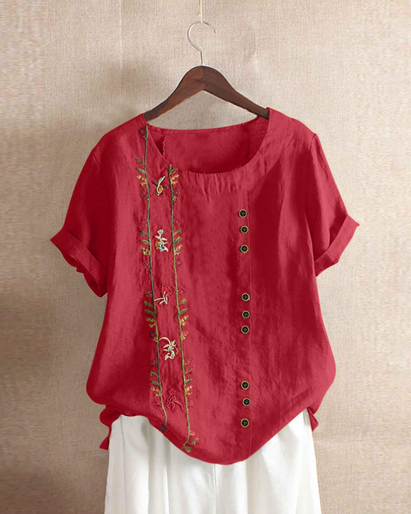 Brooke Blusa Lino Mujer – Mezcla Algodón Lino, Estampado Floral y Manga Corta