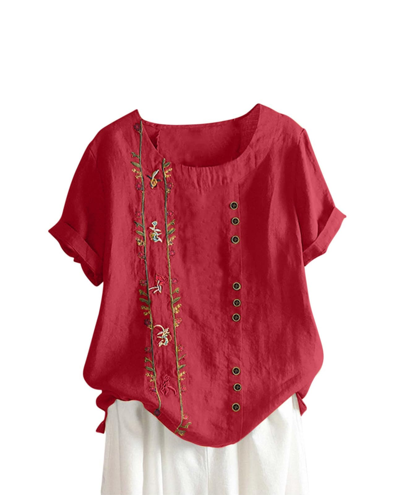 Brooke Blusa Lino Mujer – Mezcla Algodón Lino, Estampado Floral y Manga Corta