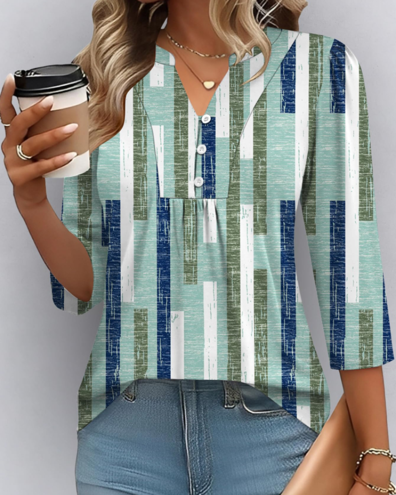 Isla Blusa Boho Mujer – Escote en V, Manga 3/4, Pliegues y Tejido Ligero
