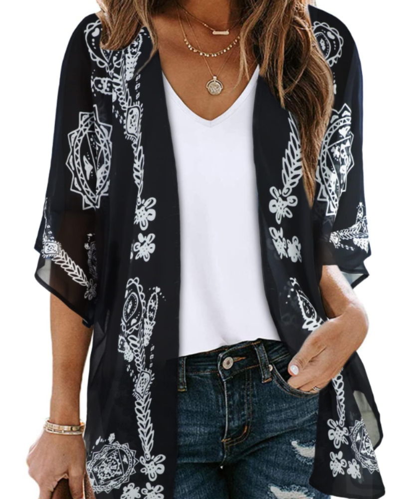 Cardigan Kimono Lauren Boho Donna – Chiffon Floreale, Aperto sul Davanti e Manica 3/4