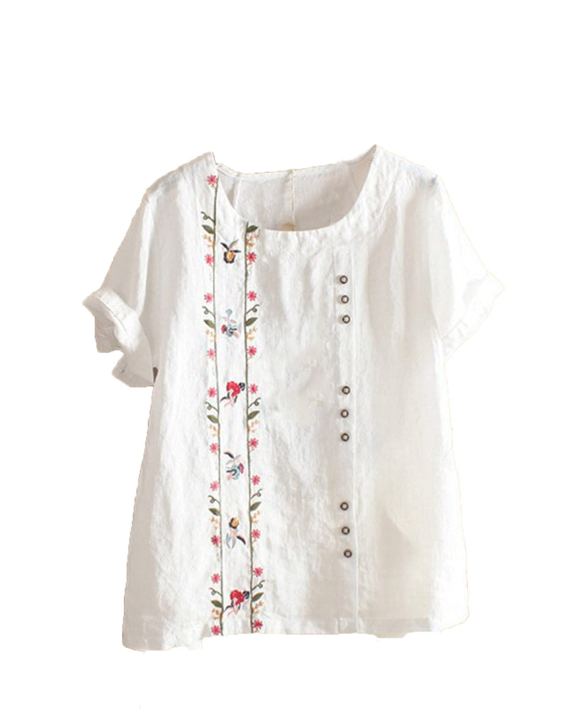 Brooke Blouse Lin Femme – Mélange Coton Lin, Imprimé Floral et Manches Courtes