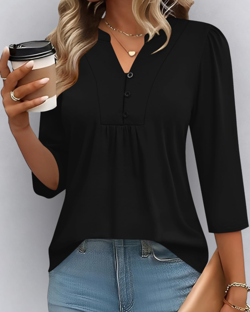 Isla Blusa Boho Mujer – Escote en V, Manga 3/4, Pliegues y Tejido Ligero