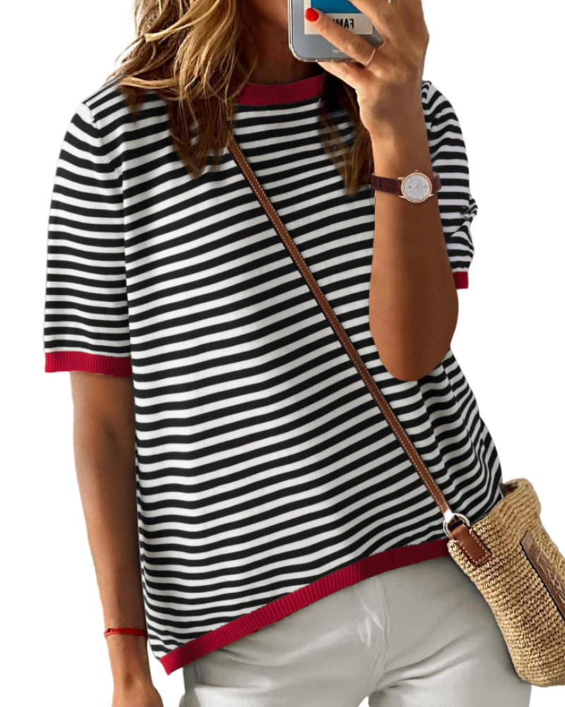 Top Ainsley Punto Rayas Femme – Col Rond, Manches Courtes et Coupe Ample