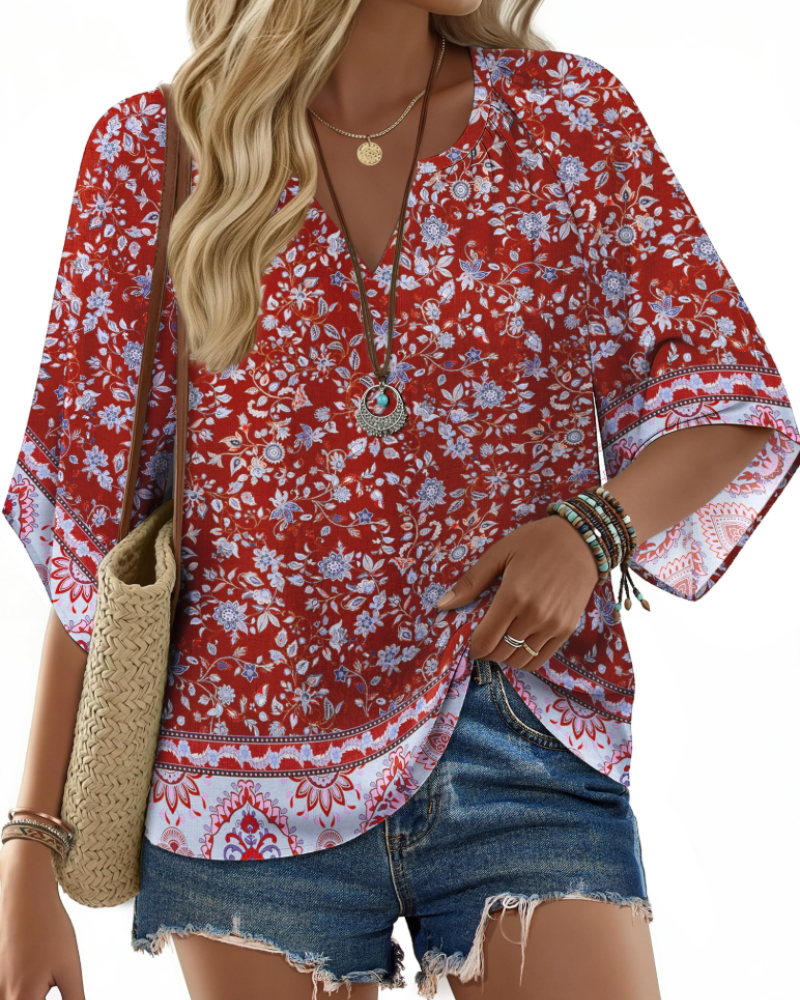 Carmen Blusa Boho Mujer – Cuello V Henley, Manga Acampanada y Estampado Floral