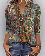 Isla Blusa Boho Mujer – Escote en V, Manga 3/4, Pliegues y Tejido Ligero