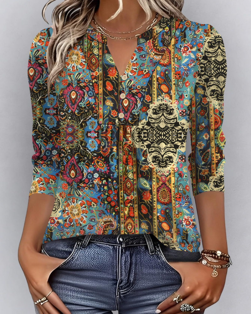 Isla Blusa Boho Mujer – Escote en V, Manga 3/4, Pliegues y Tejido Ligero