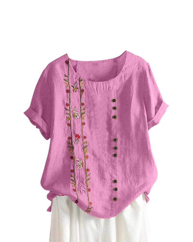 Brooke Blouse Lin Femme – Mélange Coton Lin, Imprimé Floral et Manches Courtes