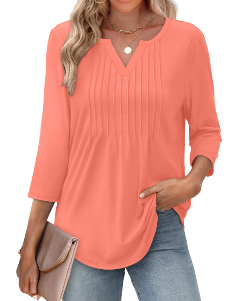 Aubrey Blusa Mujer – Escote en V, Manga 3/4, Pliegues y Tejido Ligero