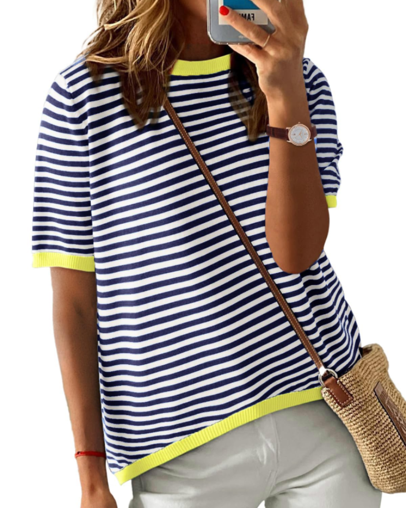 Top Ainsley Punto Rayas Femme – Col Rond, Manches Courtes et Coupe Ample