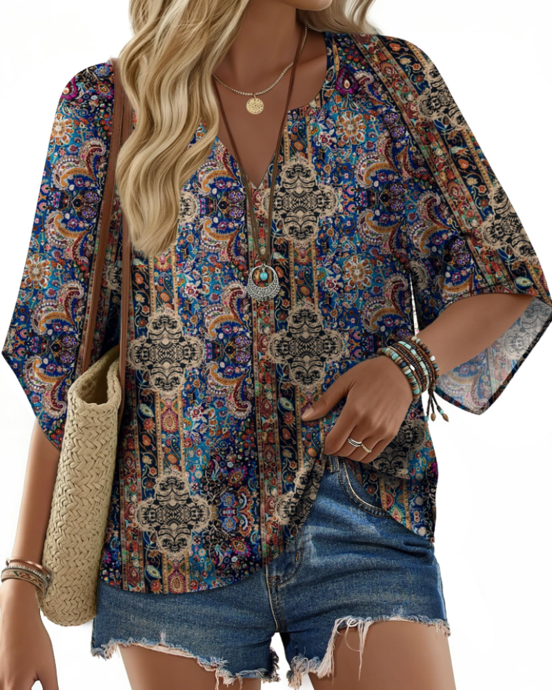 Carmen Blusa Boho Mujer – Cuello V Henley, Manga Acampanada y Estampado Floral