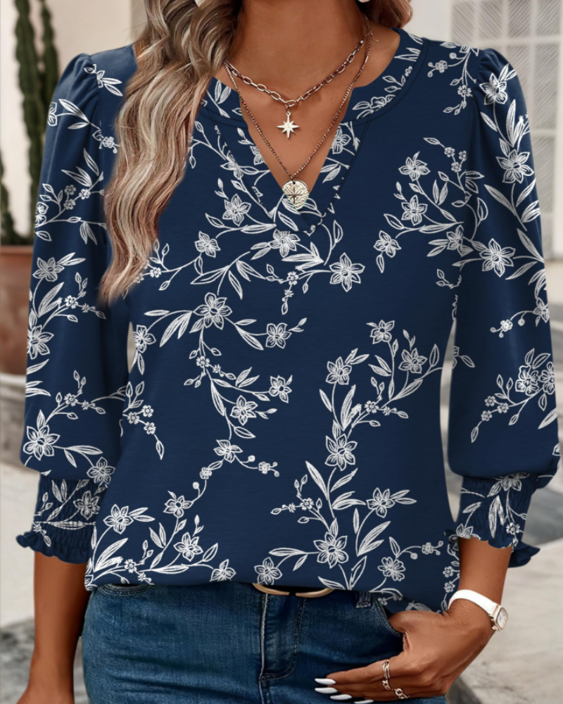 Gabrielle Blusa Mujer – Escote en V, Manga 3/4 y Puños Fruncidos Elegantes