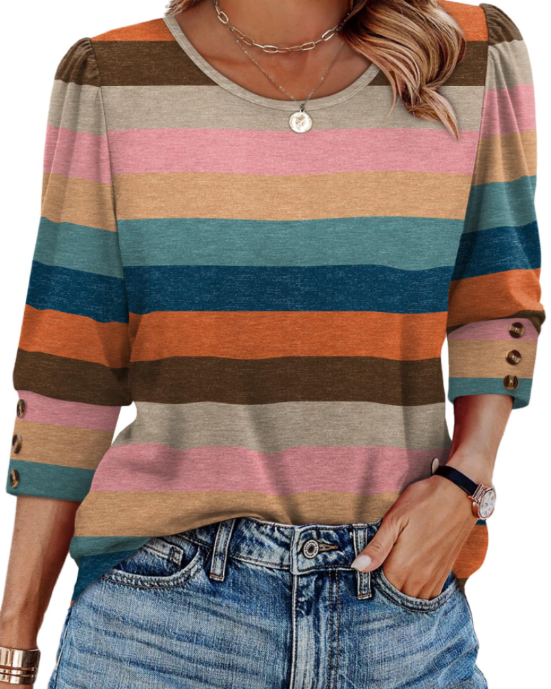Bella Blusa Mujer – Botones Frontales, Manga 3/4 y Tejido Ligero Suave