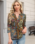 Isla Blusa Boho Mujer – Escote en V, Manga 3/4, Pliegues y Tejido Ligero