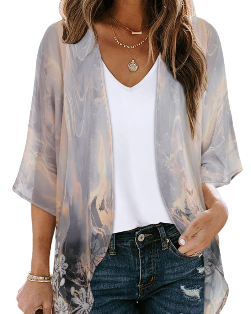 Cardigan Kimono Lauren Boho Donna – Chiffon Floreale, Aperto sul Davanti e Manica 3/4