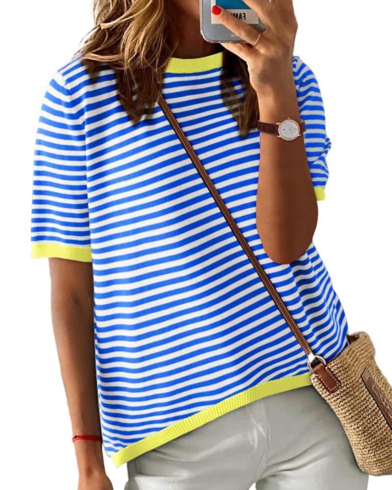 Top Ainsley Punto Rayas Femme – Col Rond, Manches Courtes et Coupe Ample