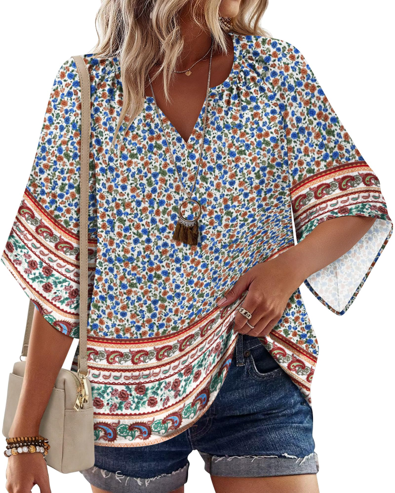 Carmen Blusa Boho Mujer – Cuello V Henley, Manga Acampanada y Estampado Floral