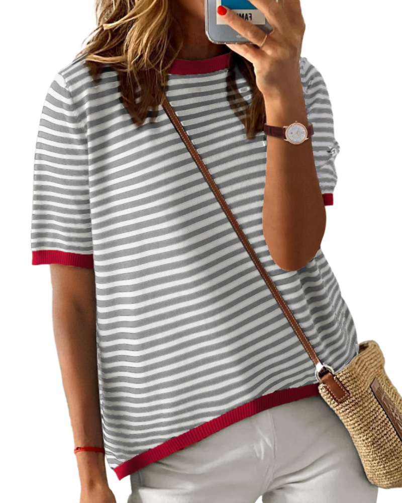 Top Ainsley Punto Rayas Femme – Col Rond, Manches Courtes et Coupe Ample
