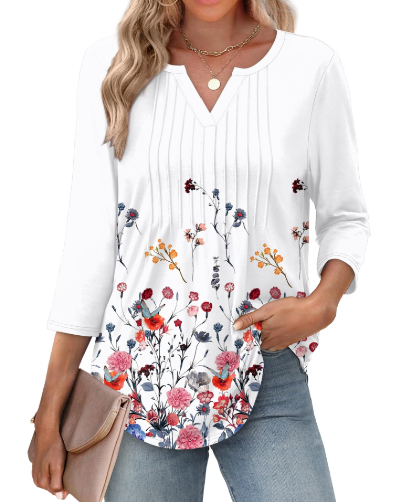 Aubrey Blusa Mujer – Escote en V, Manga 3/4, Pliegues y Tejido Ligero
