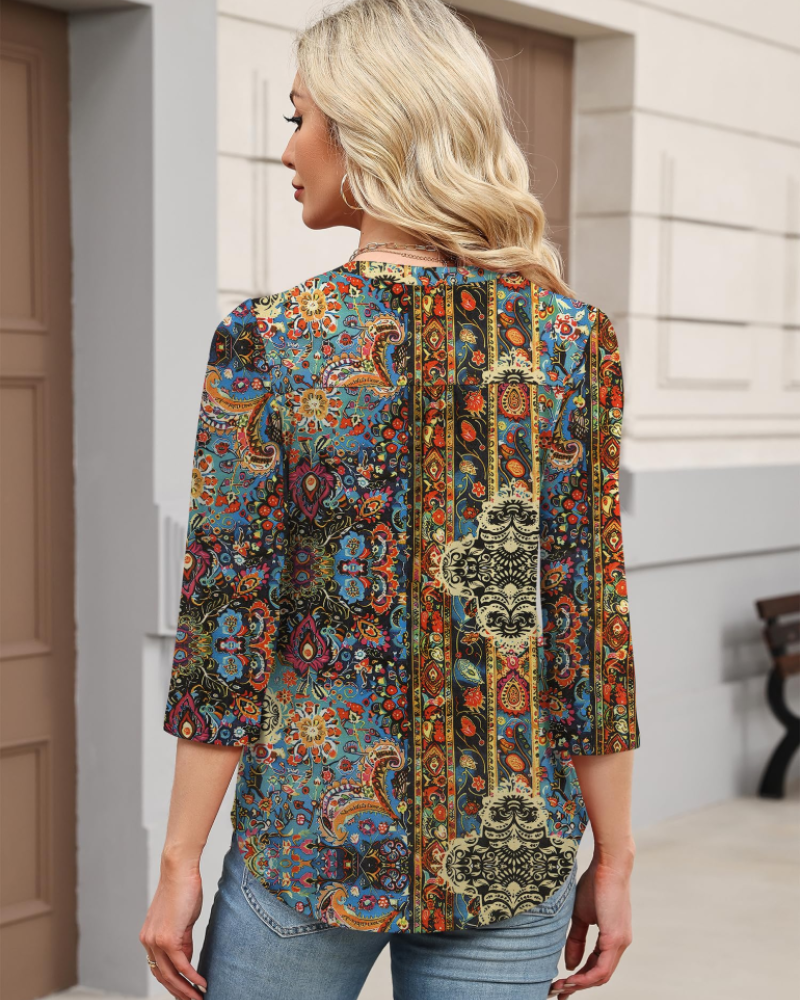 Isla Blusa Boho Mujer – Escote en V, Manga 3/4, Pliegues y Tejido Ligero