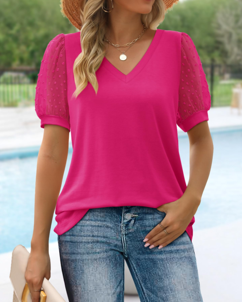 Sophie Blusa Mujer – Escote en V, Manga Abullonada y Textura Swiss Dot Elegante
