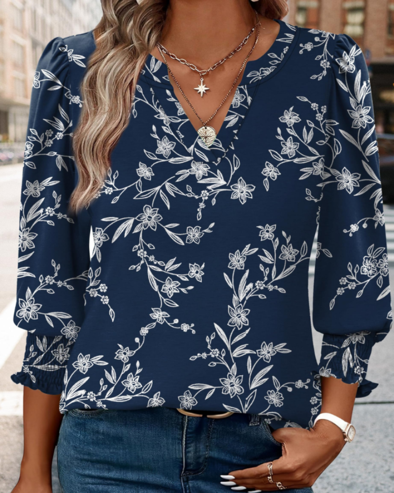 Audrey Blusa Mujer – Escote en V, Manga 3/4, Puños Fruncidos y Tejido Suave