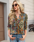 Isla Blusa Boho Mujer – Escote en V, Manga 3/4, Pliegues y Tejido Ligero