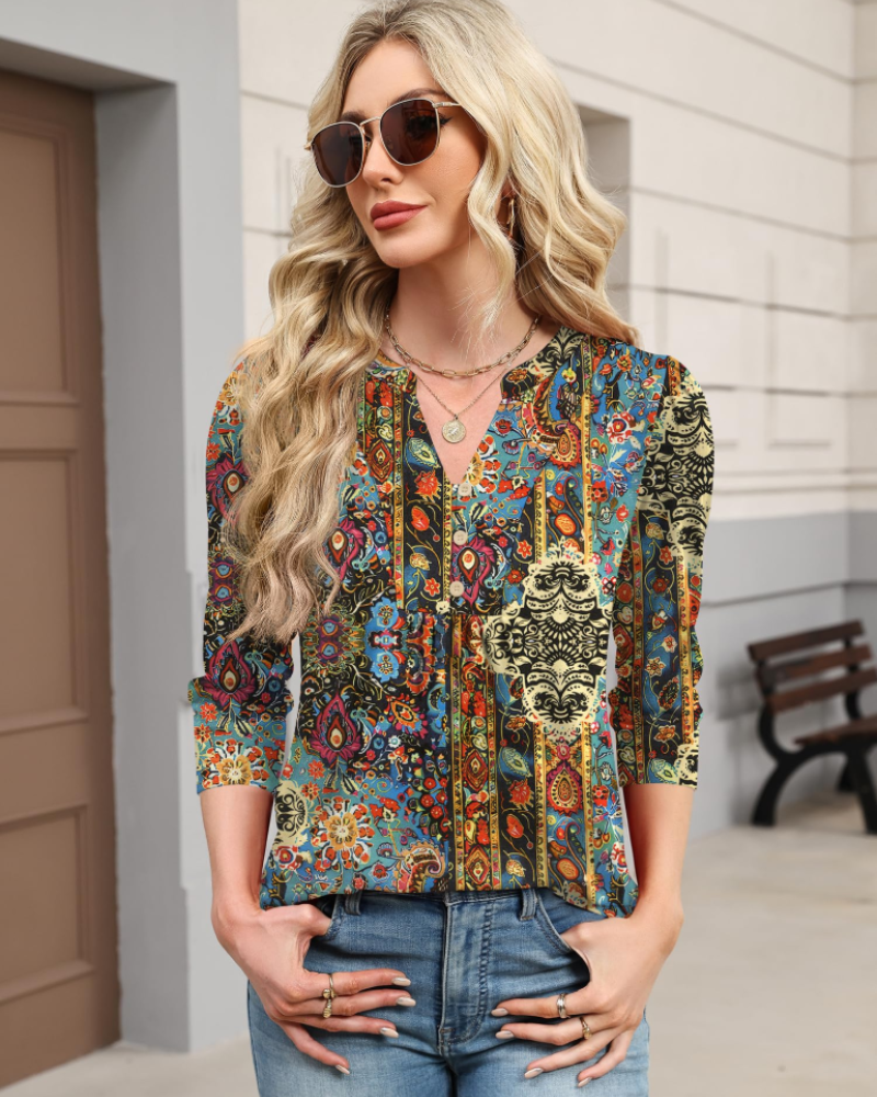 Isla Blusa Boho Mujer – Escote en V, Manga 3/4, Pliegues y Tejido Ligero