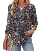 Aubrey Blusa Mujer – Escote en V, Manga 3/4, Pliegues y Tejido Ligero