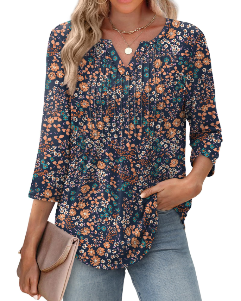 Aubrey Blusa Mujer – Escote en V, Manga 3/4, Pliegues y Tejido Ligero