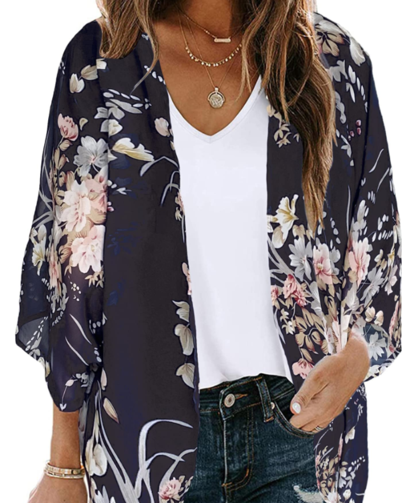 Cardigan Kimono Lauren Boho Donna – Chiffon Floreale, Aperto sul Davanti e Manica 3/4