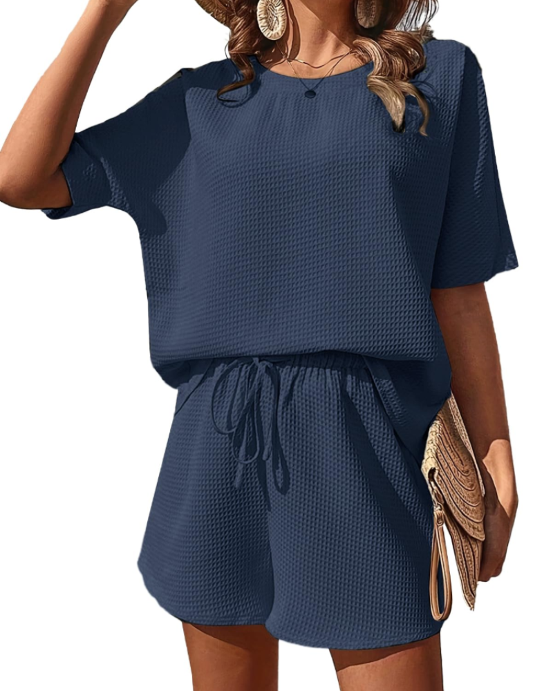 Nadia Conjunto Co-Ord Mujer – Camiseta Manga Corta, Shorts Tiro Alto y Tejido Texturizado