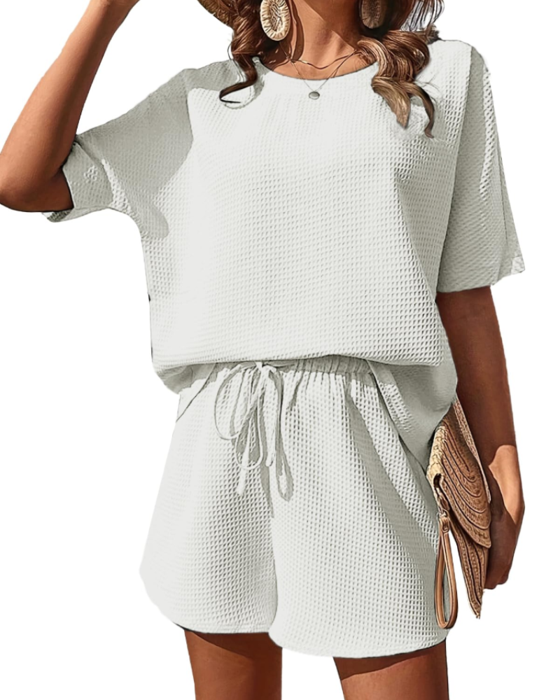 Nadia Conjunto Co-Ord Mujer – Camiseta Manga Corta, Shorts Tiro Alto y Tejido Texturizado