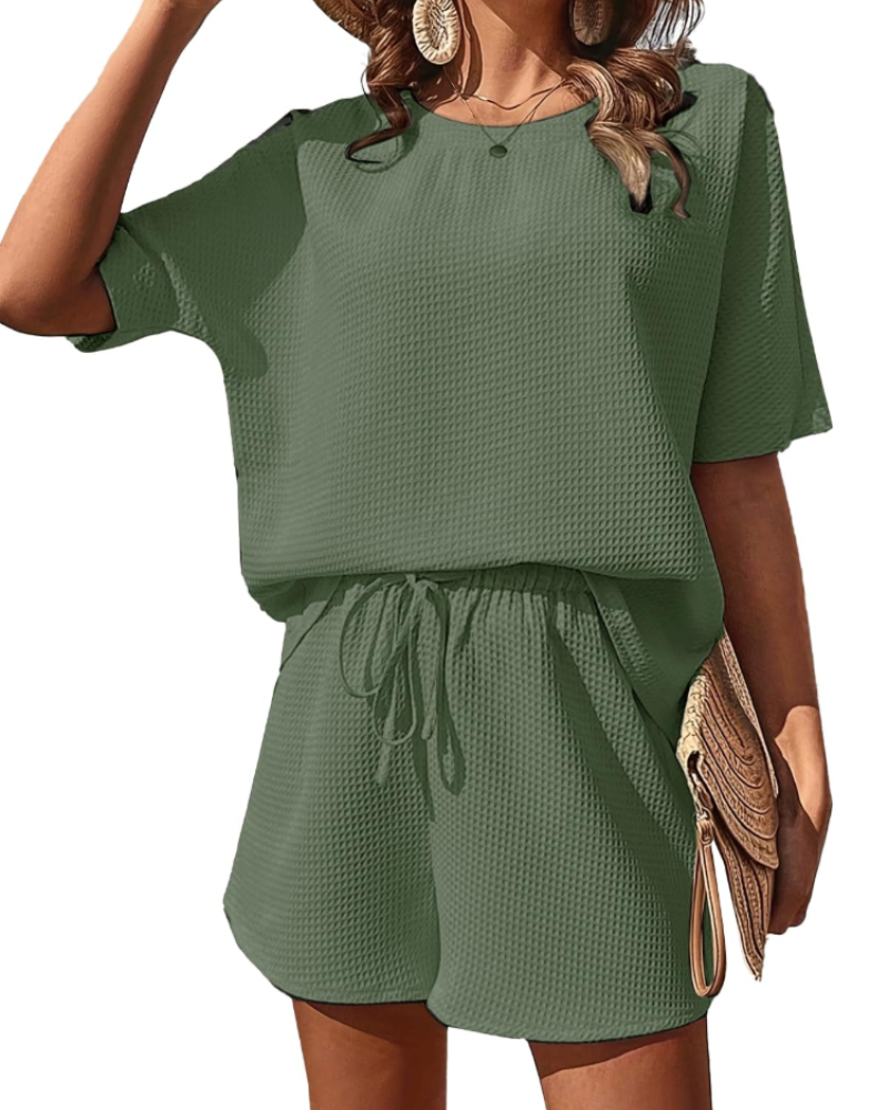 Nadia Conjunto Co-Ord Mujer – Camiseta Manga Corta, Shorts Tiro Alto y Tejido Texturizado
