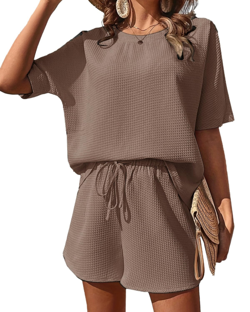 Nadia Conjunto Co-Ord Mujer – Camiseta Manga Corta, Shorts Tiro Alto y Tejido Texturizado