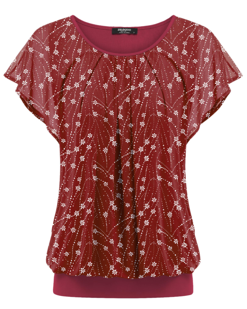 Zoe Blouse Femme Double Couche – Maille Respirante, Manches Chauve-Souris et Plissée