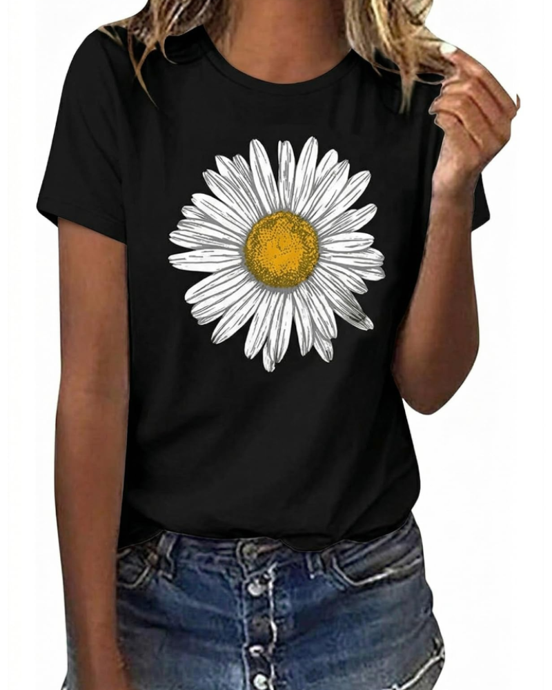 Mia T-shirt Femme Coton – Imprimé Floral, Manches Courtes et Col Rond