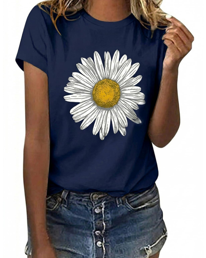 Mia T-shirt Femme Coton – Imprimé Floral, Manches Courtes et Col Rond