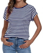 Paige Camiseta Mujer Rayas – Cuello Redondo, Manga Corta y Corte Relajado