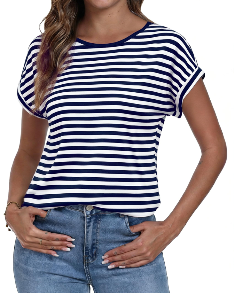 Paige Camiseta Mujer Rayas – Cuello Redondo, Manga Corta y Corte Relajado