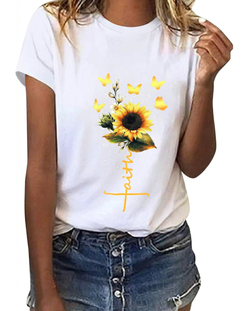 Mia T-shirt Femme Coton – Imprimé Floral, Manches Courtes et Col Rond