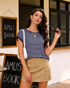 Paige Camiseta Mujer Rayas – Cuello Redondo, Manga Corta y Corte Relajado